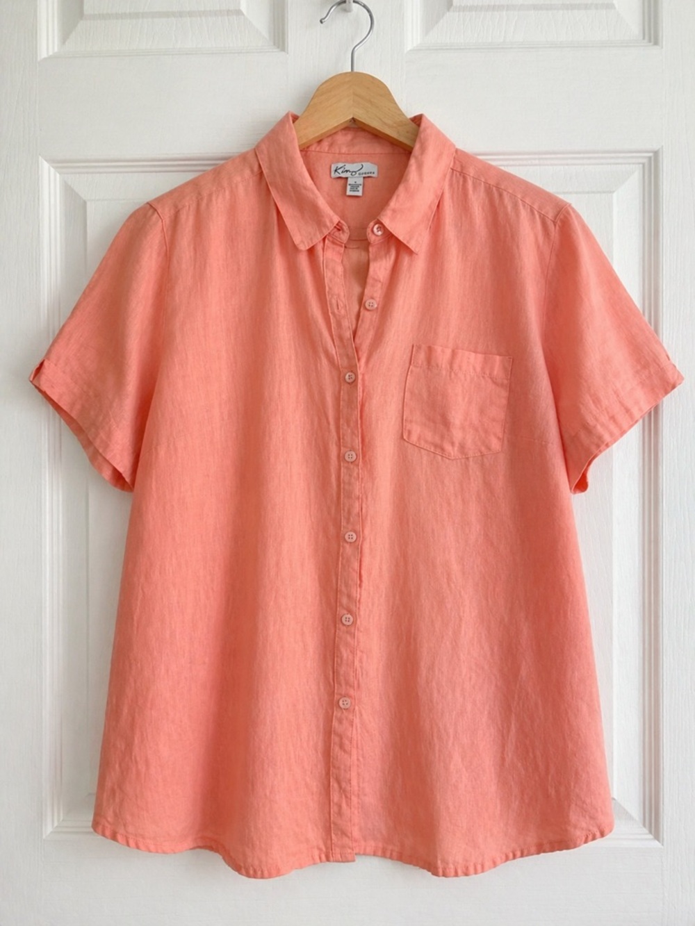 Kim Rogers XL Linen Button Down Coral Short-Sleeve Shirt Coastal